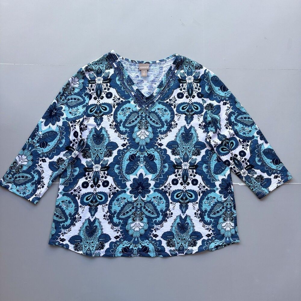 Chico's Top Women XL/16 Blue Beaded Floral V-Neck 3/4 Sleeves Cotton Modal Boho